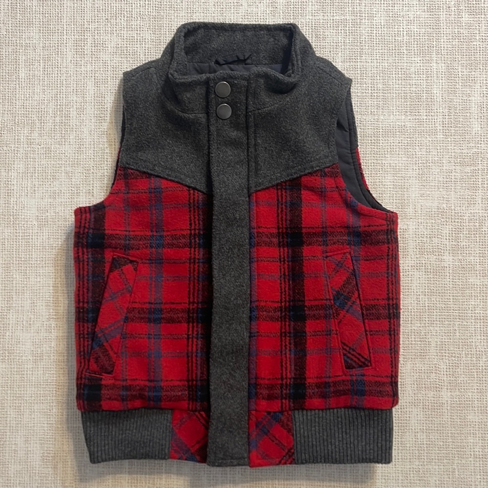 Genuine Kids from OshKosh plaid wool blend vest red gray 2T